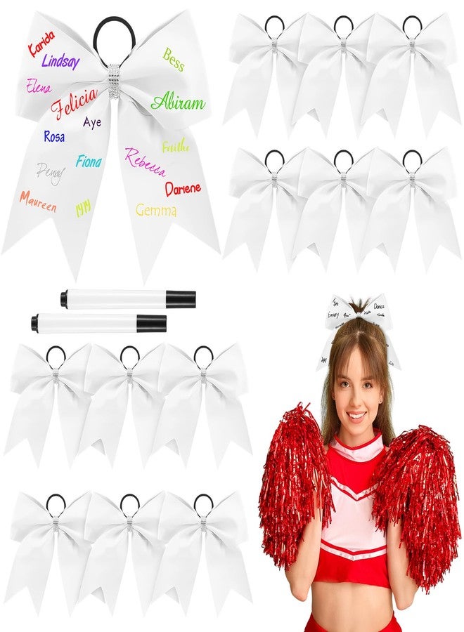Solsew 12 Pcs Cheer Hair Bows 7 Inch White Ponytail Holder Elastic Band Autograph with 2 Pens Write Name Rhinestone Hair Accessories for Teen Girls College Sports Softball Cheerleader Keepsake Gifts - Image 1